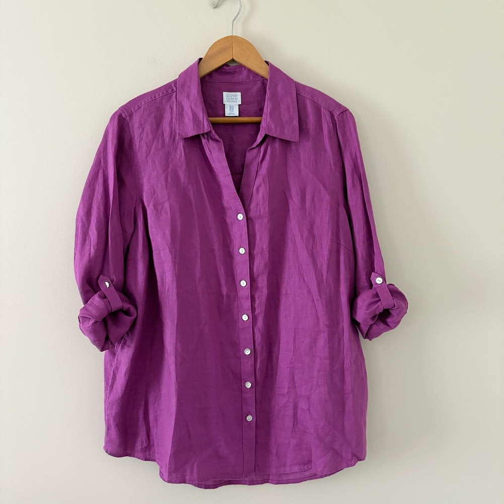 Sigrid Olsen Button Down Shirt 1X Purple 100% Linen Roll Tab Sleeve Plus Size